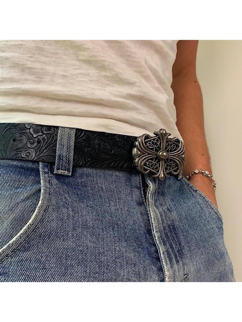 Y2k style Gothic Cross Chrome Silver black floral belt. Very cool unique belt.